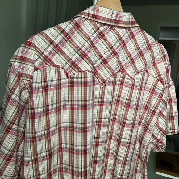 Wrangler Mens Short Sleeve Snap Close Red/white/orange/silver Plaid Shirt Sz XL - Picture 13 of 16
